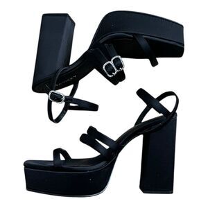 Lisa Vicky Black Satin Babe Strappy Platform Block Heel Sandals 8